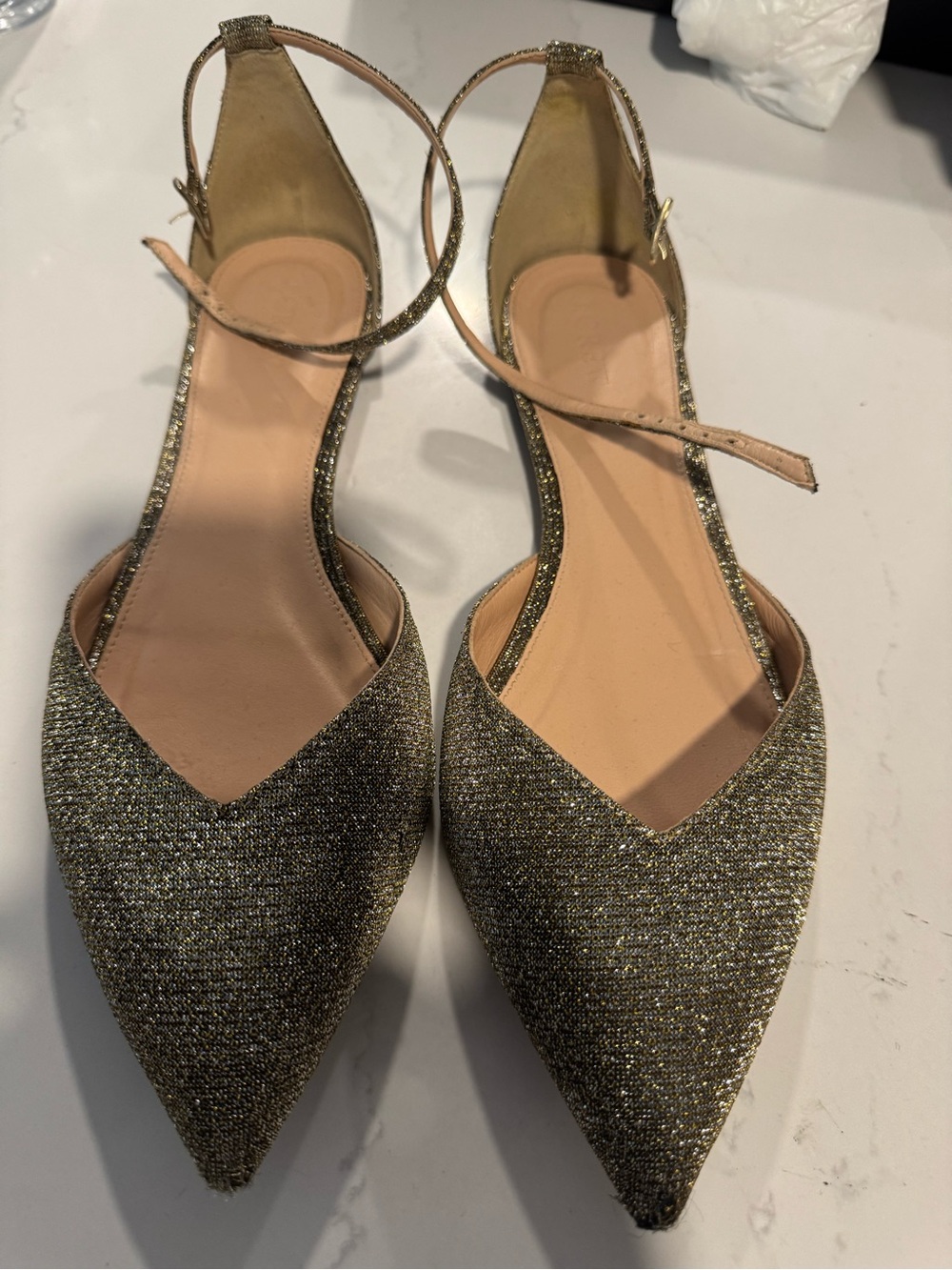 J. Crew Gold Glitter Pointed-Toe Ankle-Strap Flats